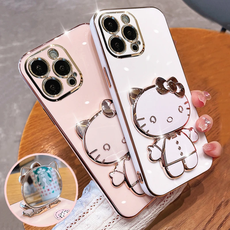 Simpatica custodia per staffa a specchio Hello Kitty per iPhone 15 11 12 13 14 Pro Max Mini XR XS X 8 7 6 Plus SE 2020 Cover posteriore placcata