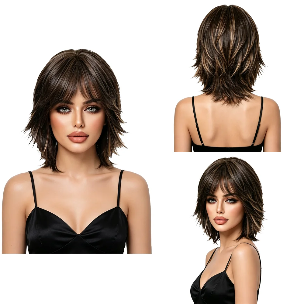 Short Layered Wolf Cut Wig Dark Brown with Honey Blonde Highlights Shaggy Bob Wig Heat Resistant Synthetic Hair For Women Daily