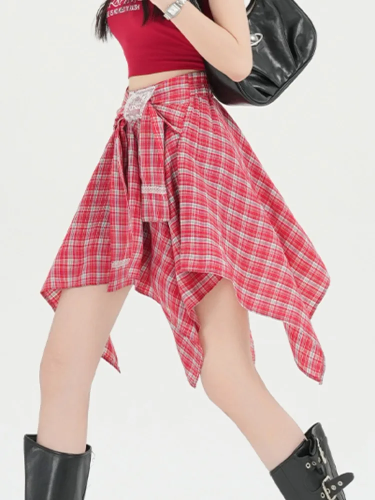 

Korean Style Lace Short Skirt Women's Summer Casual High Waist Asymmetric Pleated Elastic Belt Half Body Skirts