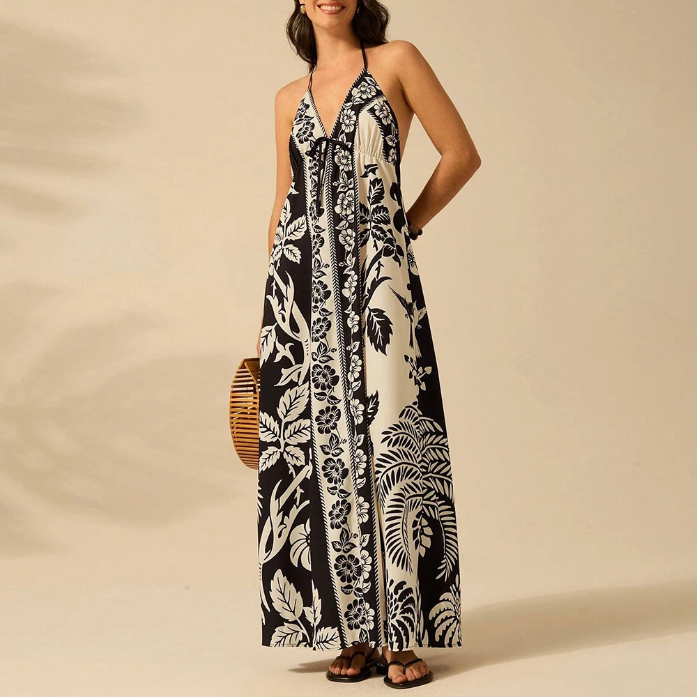 

Mia Muse Dresses Summer Vacation Decent Graphic Print Sleeveless Halter Neck Lace-Up Maxi Casual Dresses For Women