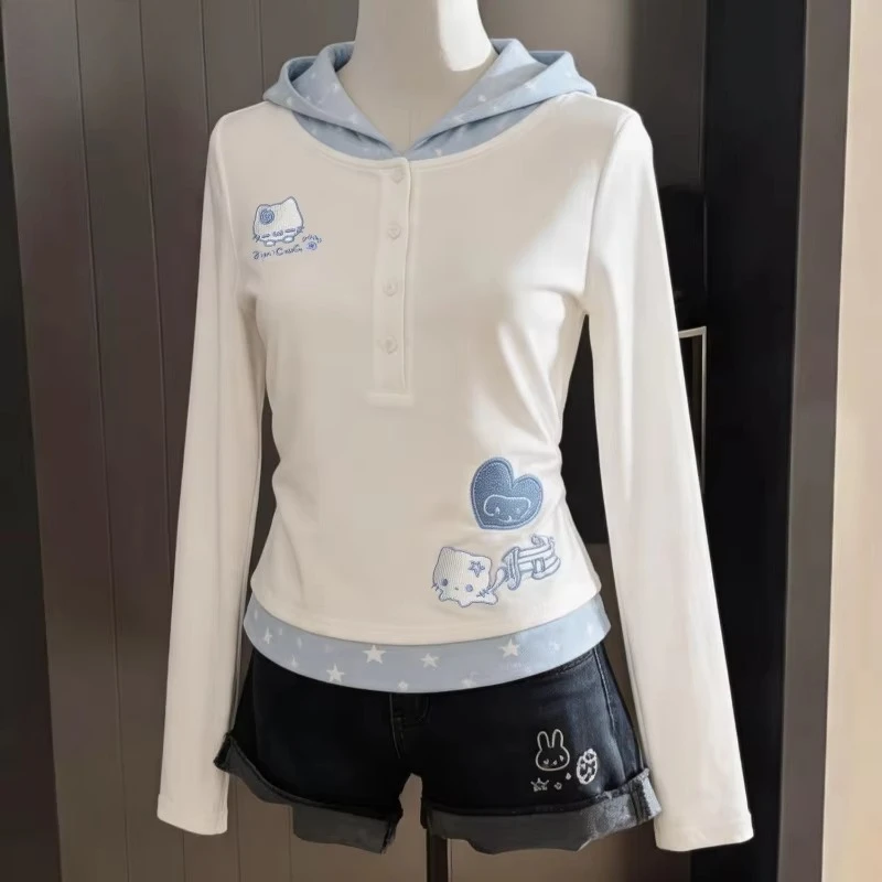 Japanese Harajuku Y2k T-Shirts Women Kawaii Cartoon Cat Fake Two Piece Hooded Tops Autumn Female Streetwear Cute Slim Basic Tees