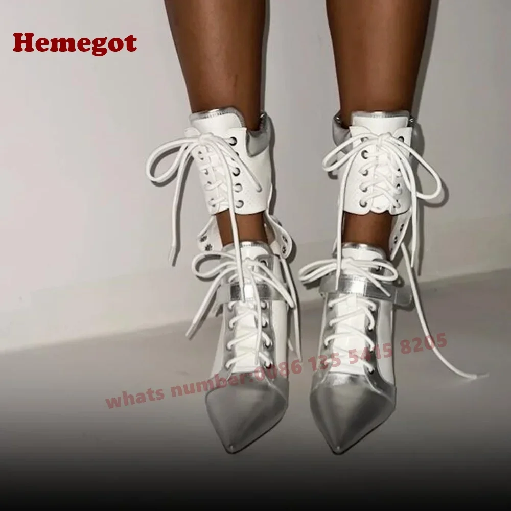 Pointy Toe Metallic Stiletto Mesh Women's Boots Silver White Splicing Lace Up Mid-Calf Boots Autumn Winter Patchwork Design Shoe