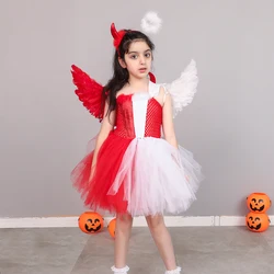 Devil and Angel Dual Costume for Girls Halloween Tutu Dress with Wing Headband Kids Naughty & Nice Carnival Party Cosplay Outfit