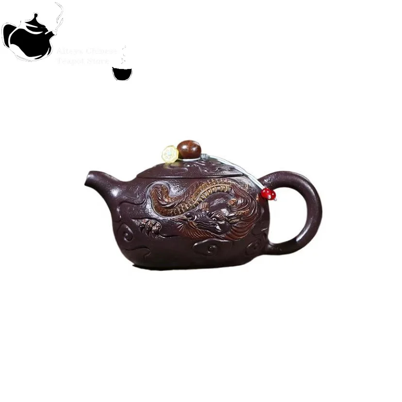 Théière en argile violette Yixing, minerai original, jade violet, sable doré, dragon jouant avec des perles, service à thé Kung Fu, théière de style chinois