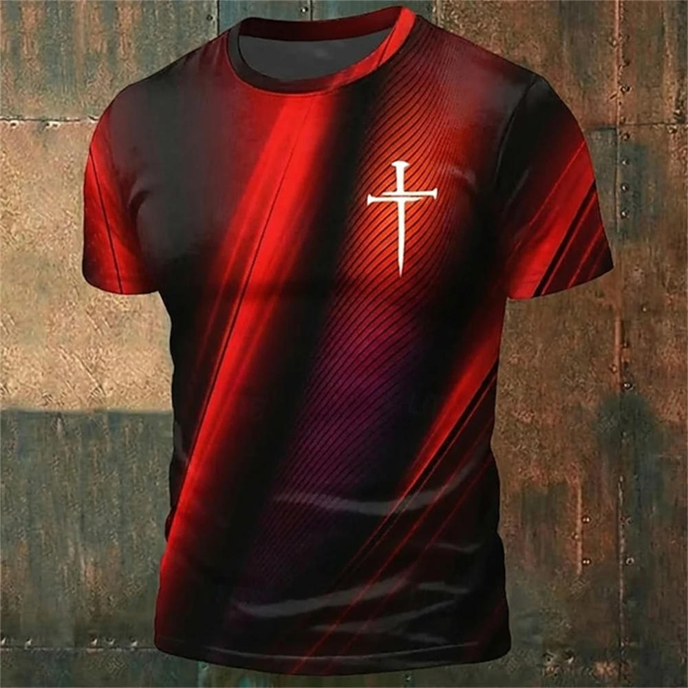Fashion Stripe Print Men's T Shirt Fashion Cross Pattern Short Sleeve Tees Summer Casual O-neck Loose Top Street Trend Clothing