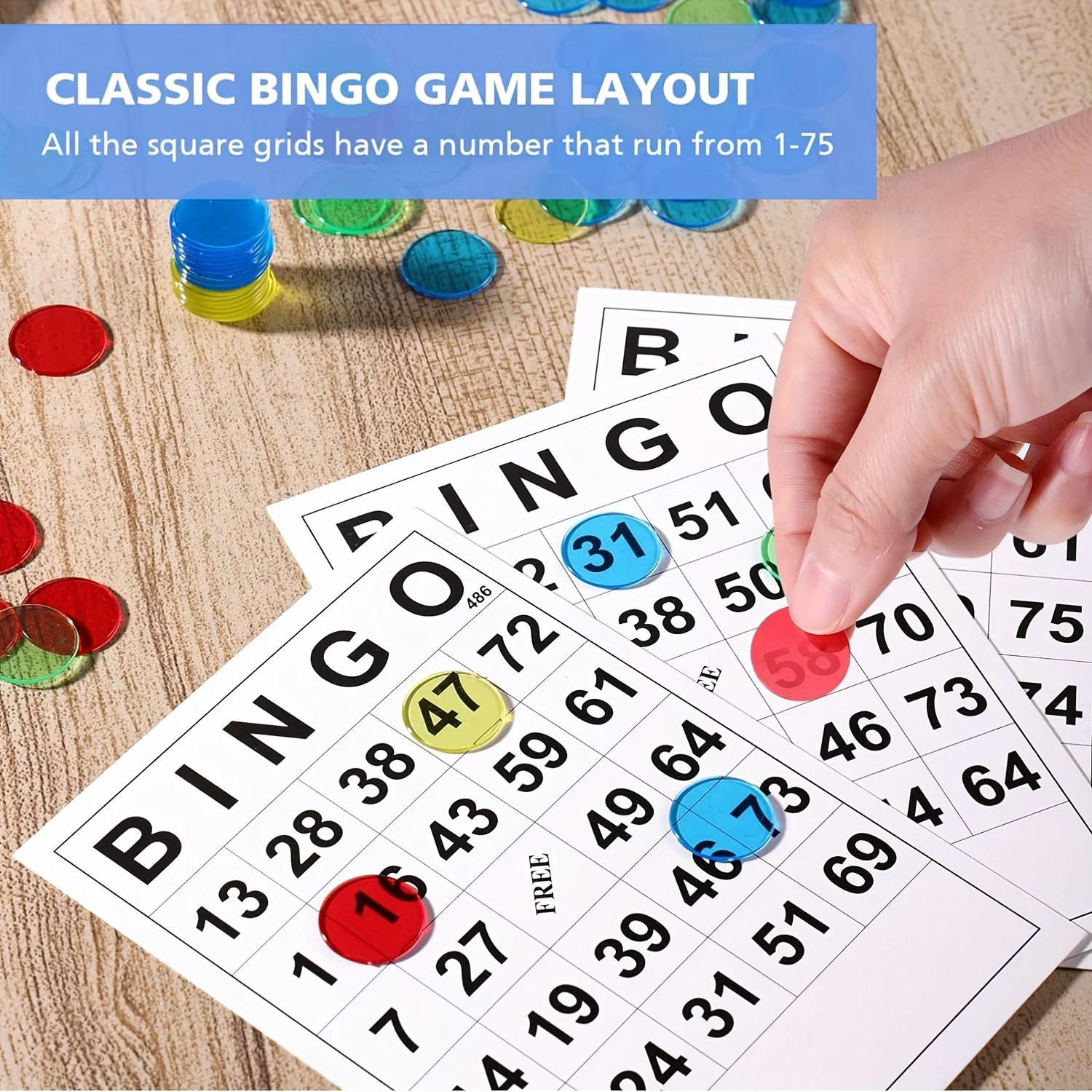 100pcs Chips + 60pcs Bingo Paper Game Cards -Bulk Reusable Number Cards & Playing Card Set for Birthday Games & Group Activities