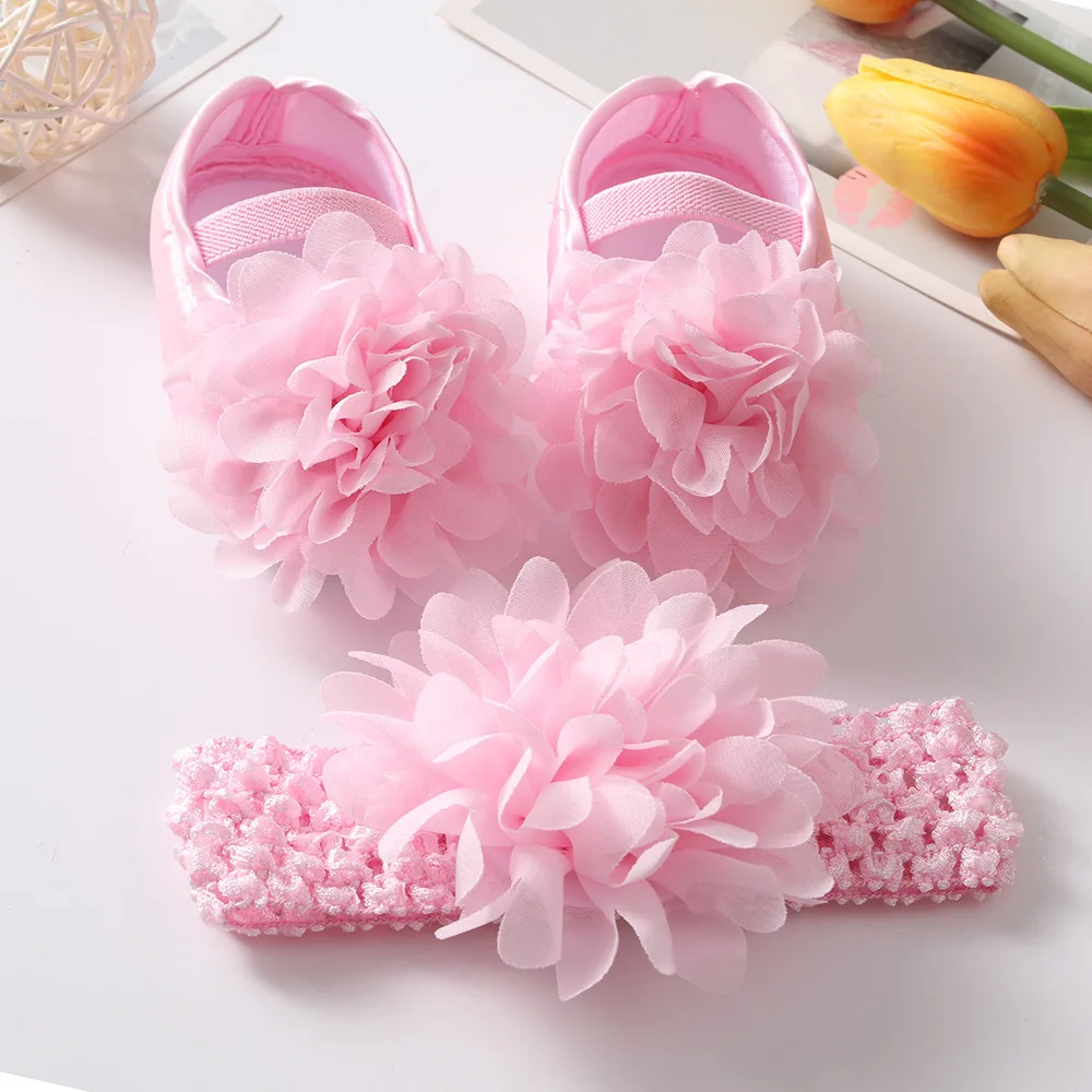 Cute Lace Flower Newborn Baby Shoes Headband Set Anti Slip Toddler Infant First Walkers Baby Girls Newborn Pink Cotton Shoes