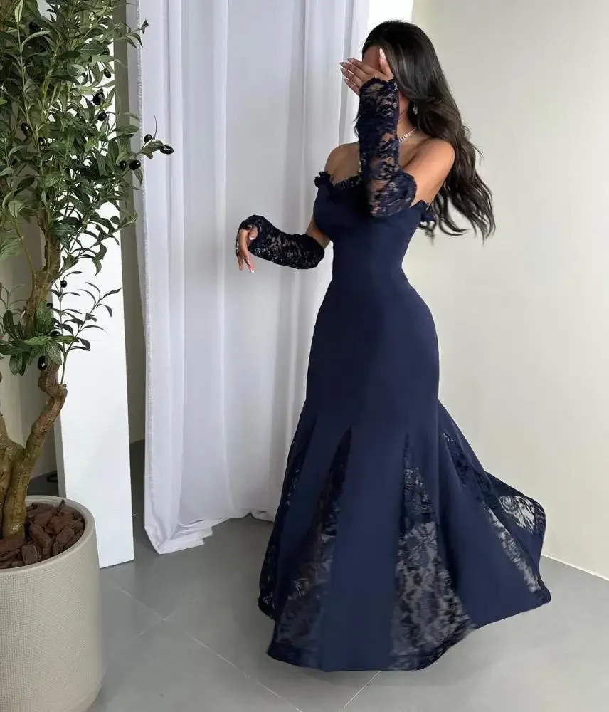 

Aunber Luxury Navy Blue Sheer Lace Evening Dresses One-Shoulder Halter Beaded Prom Dresses Neckline Mermaid Gown For Gala