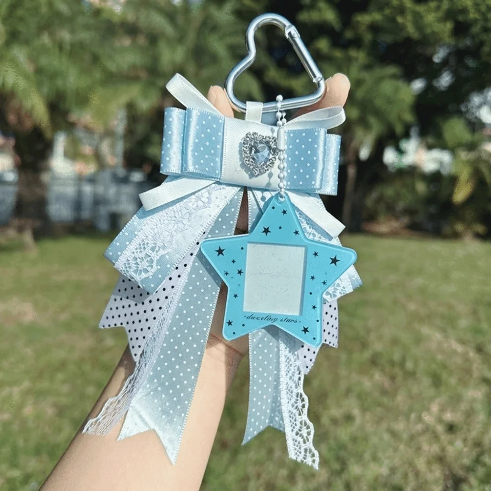 Sweet Style Polka Dot Ribbon Keychain Layered Bow Star-Shaped Frame Bag Charm Lace Trim Beaded Chain Key Ring Handbag Decoration