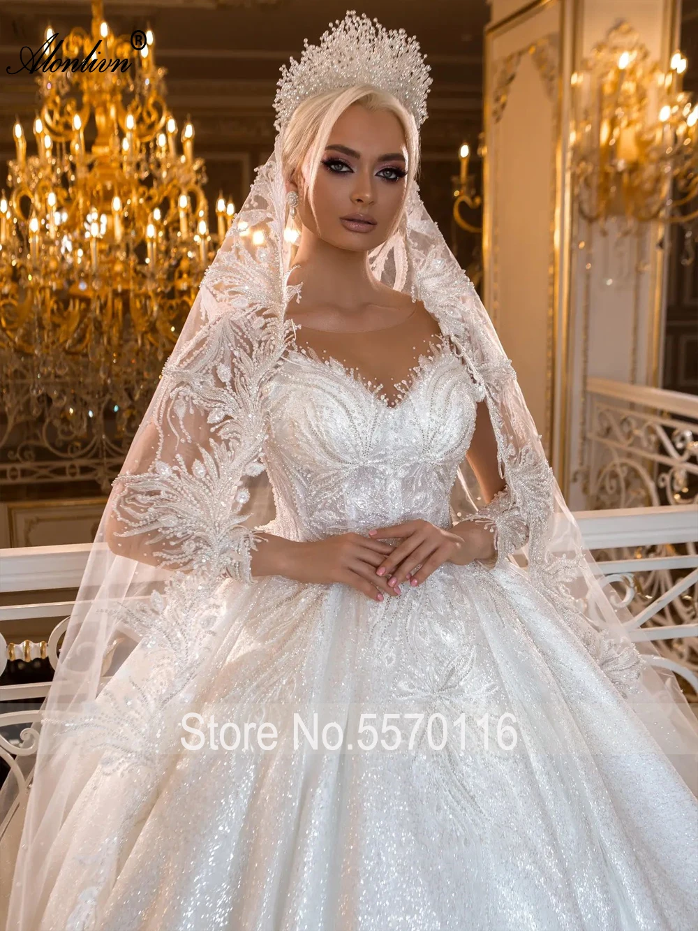 Alonlivn vestido de novia de manga completa, elegante, personalizado, apliques de belleza con cuentas, cuello de ilusión de encaje