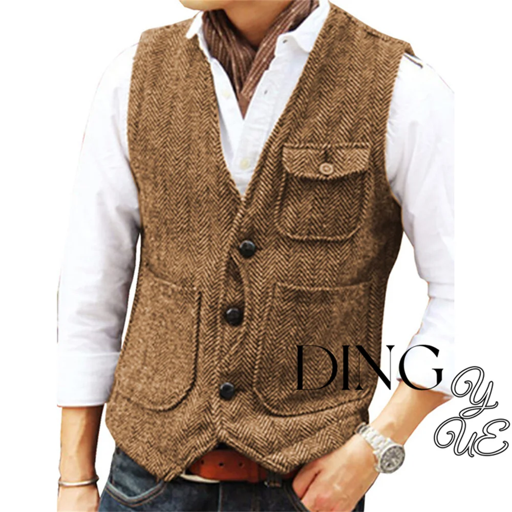 Herringbone Men\'s Suit Vest V Neck 3 buttons Woolen Mens Vests Waistcoat Jacket 3 Pockets Casual Formal Business chaleco hombre