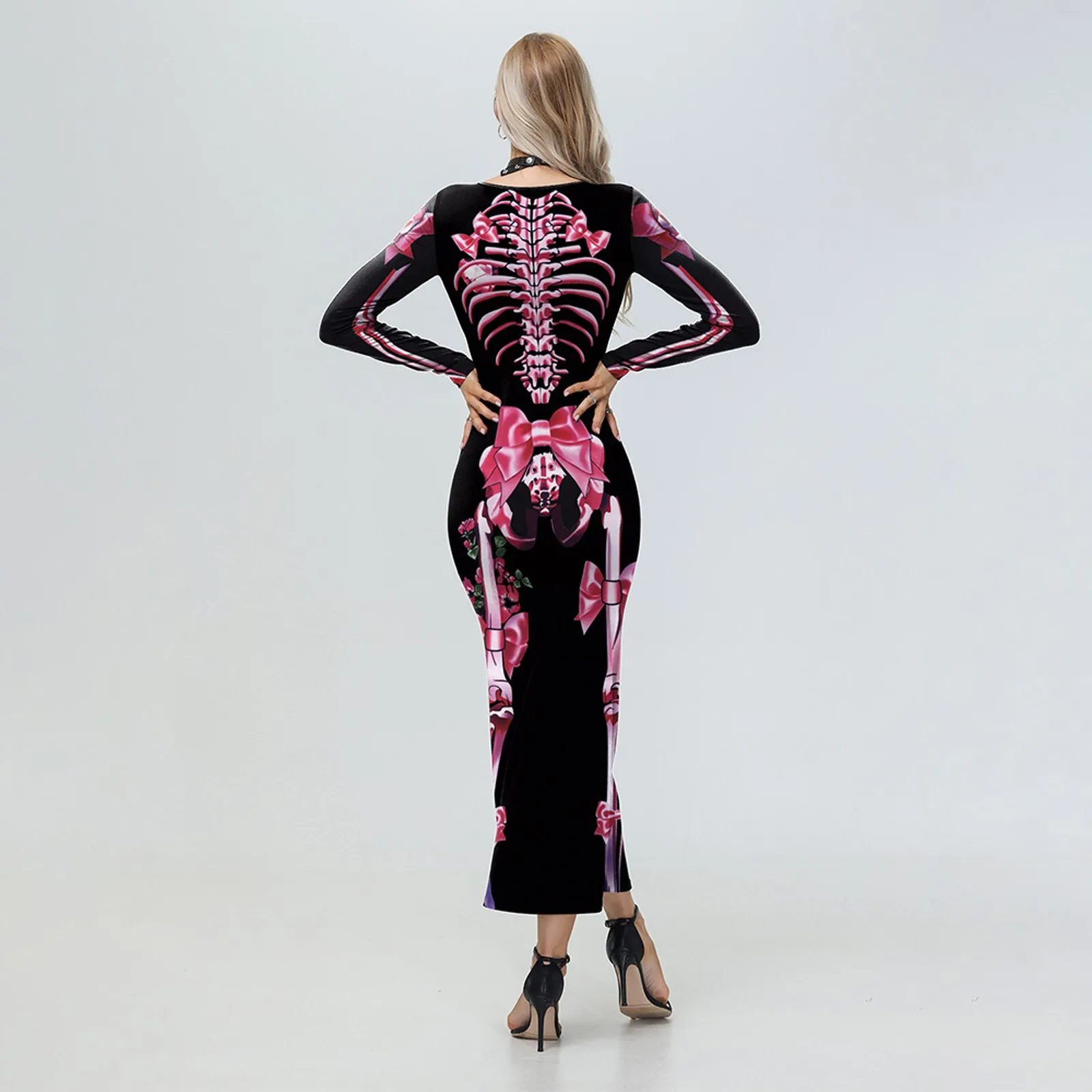 Vestido de manga larga con estampado de esqueleto a la moda para Mujer, vestido Maxi Floral con cuello redondo, Vestidos elegantes para Mujer, Vestidos de fiesta para Mujer