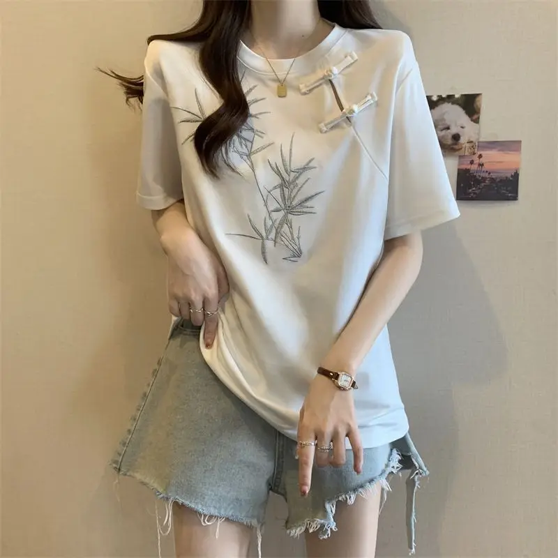 Chinese Style Embroidery Button Short Sleeve T-shirt Women's Summer New Loose Slim Top