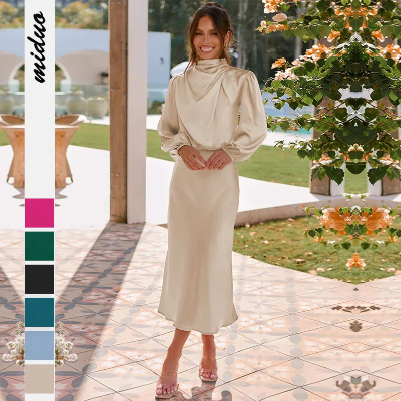 

2025 autumn and winter new satin long sleeve loose women dress elegant and stylish women's evening dress luxury design