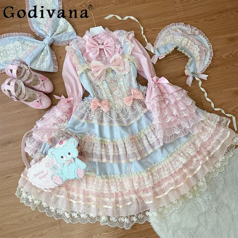 Oryginalna sukienka Lolita Flower Marriage Jsk Suspender DressWomen's Sweet Girls Princess Long Sleeve Lace Bow Shirt Sling Ball Gown Dress