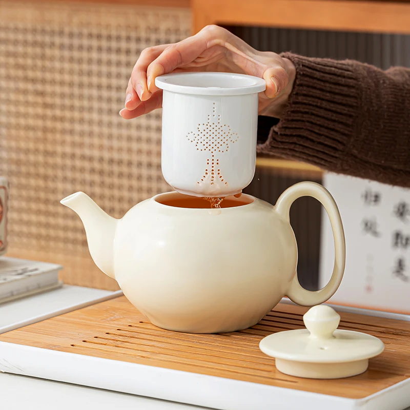 

Большой белый фарфоровый чайник объемом 800 мл с ручкой для домашнего использования, противоожоговый встроенный фильтр, один горшок, китайский кофе для заваривания