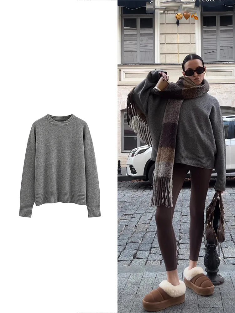 TRAF Damski modny jesienno-zimowy szary sweter Pullover Casualowy luźny top z długim rękawem w jednolitym kolorze O Neck Basic Sweater