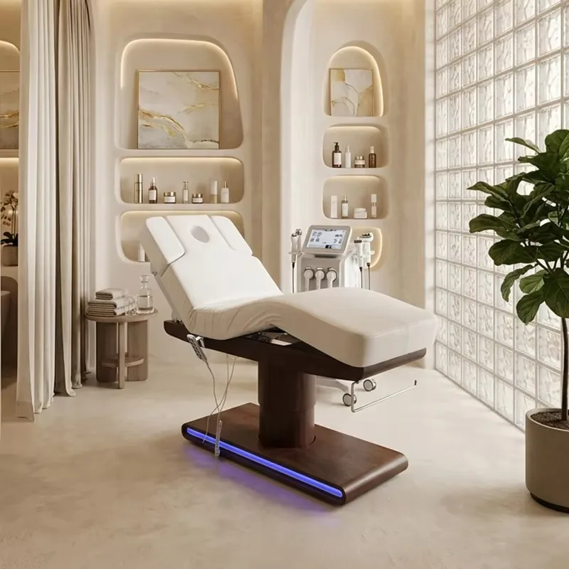 High End Beauty Salon Furniture Wood Grain Base Massage Table And Bed Modern 3 Motors Curved Heating Facial Spa Bed With Lights