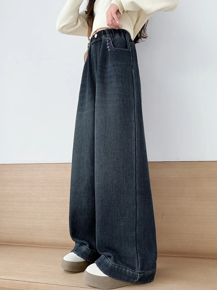 Jeans invernali a gamba larga per ragazze Pantaloni coreani a gamba larga per studenti delle scuole medie intercati Fce Pantaloni casual dal taglio dritto