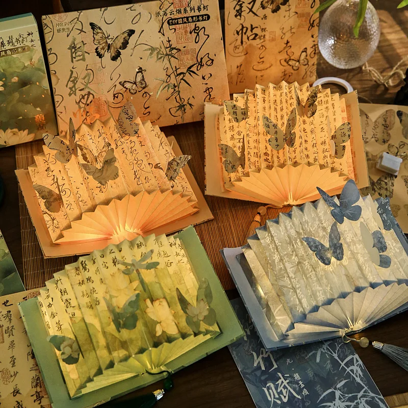 Diy Ancient Butterfly Calligraphy Book Lamp Chinese Style Paper Carving Desk Decor 3D Ambience Night Light Craft Gift