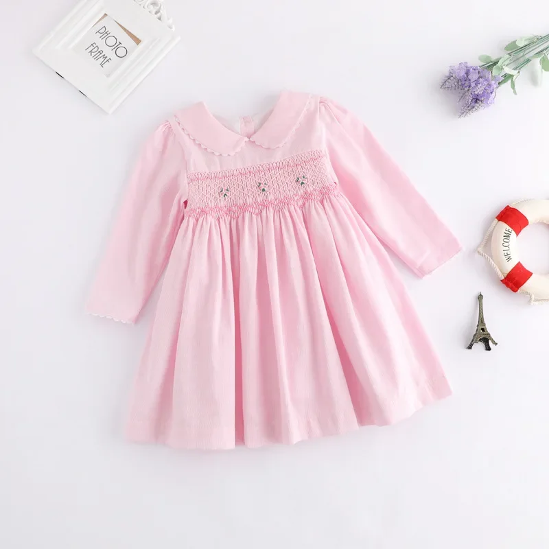 Baby Girls Smocked Dresses Autumn 2023 Kids Pink Cotton Dress with Collar Children Smocking Princess Clothing Toddler Clothes