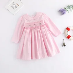 Baby Girls Smocked Dresses Autumn 2023 Kids Pink Cotton Dress with Collar Children Smocking Princess Clothing Toddler Clothes