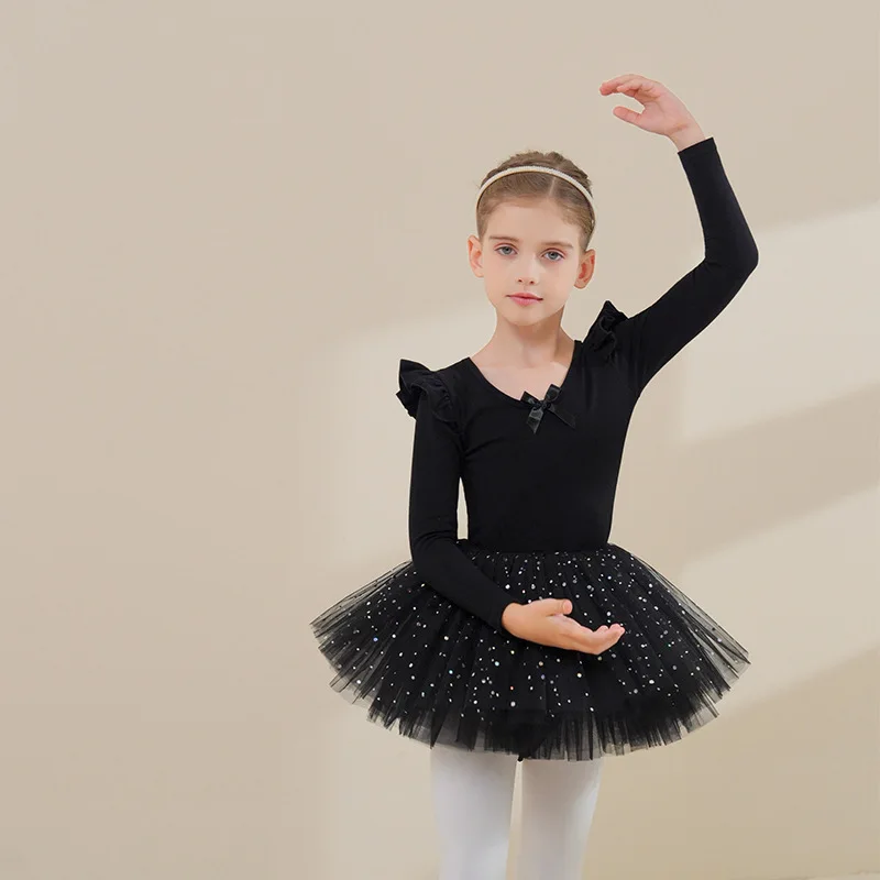 THEEPER Girls Long Sleeve Ballet Leotard Dress, Sparkle Sequin Tutu Skirt Bow Back Dance Wear for Kids, Dance Outfit for Girls