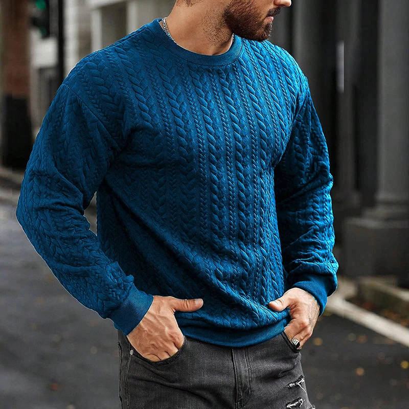 Vintage Crew Neck Mens Sweater Jumper Tops Fall Trendy Slim Long Sleeve Sweaters For Men Casual Twist Crochet Knitting Pullover