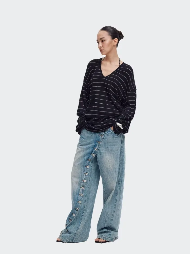 Women's Single-breasted Design Denim Jeans Unisex Trousers Cool Girl Wide Leg Pants Female High Waisted Fashionable Sweatpants