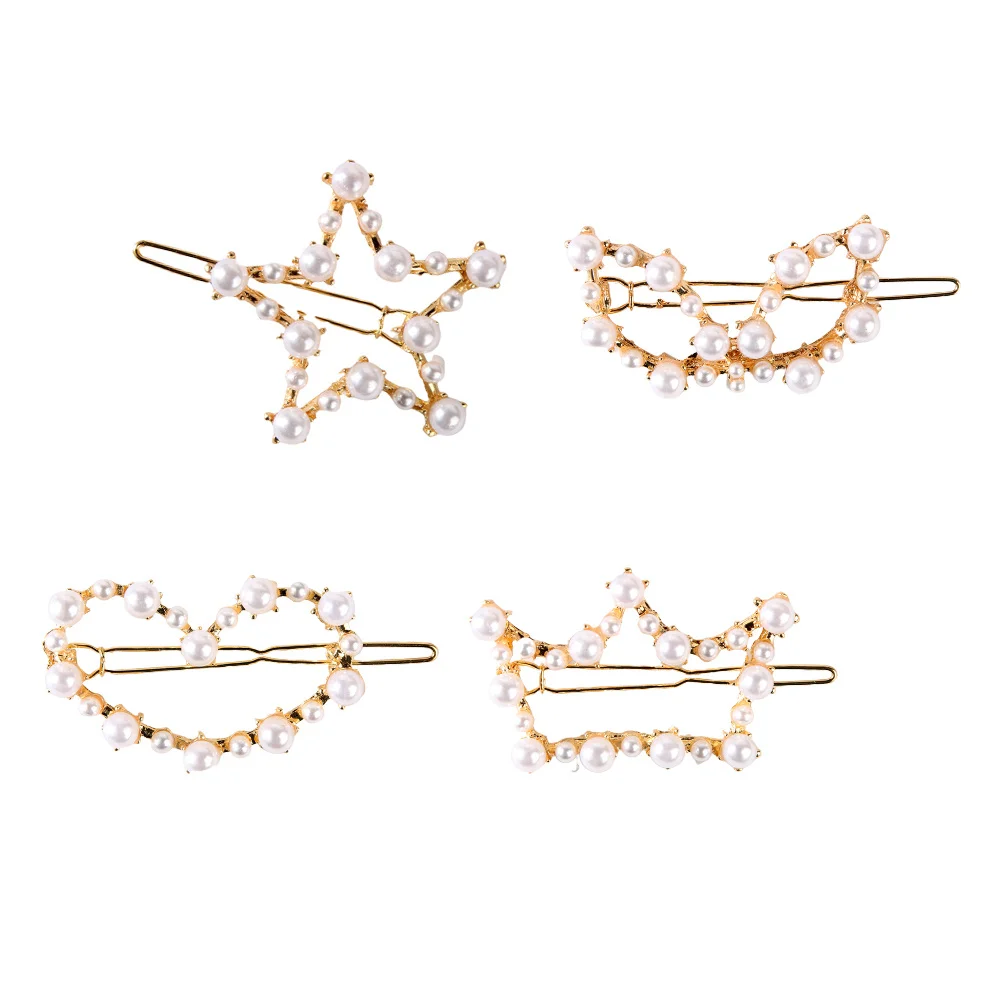 

4pcs Heart Shaped Pearl Hair Clips Hollow Out Alloy Geometric Barrette For Women Hairpins Lightweight Travel Hair