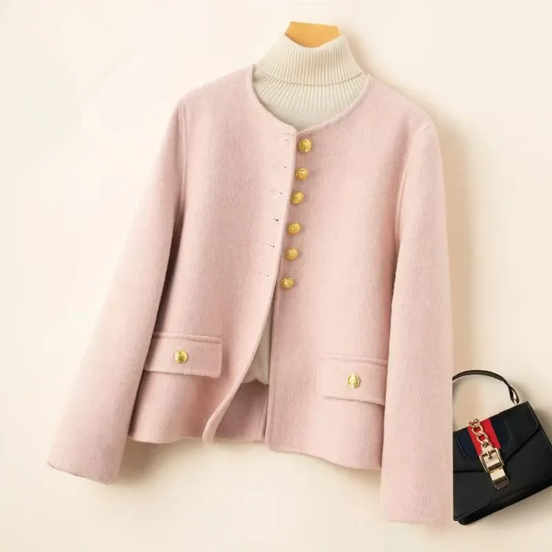 2025 Autumn Winter Double-Sided Wool Cashmere Coat Women O-Neck Single-Breasted Short Slim Woolen Jacket Female Outerwear B643