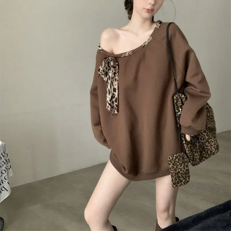 

Leopard Drawstring Sweatshirts Spring Autumn Stylish Skew Collar Women's Clothing Vintage Loose Commute Solid Color Pullovers