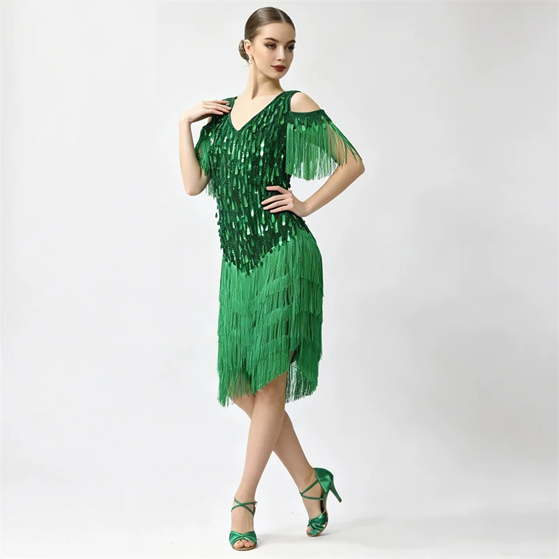 Damen-Latein-Tanzkleid mit Pailletten und Fransen, Quastenkleid für Samba, Tango, Cha-Cha, Wettbewerb, Bühnenauftritt, Party, Kostüm, Ballsaal-Kleidung – Detail 5