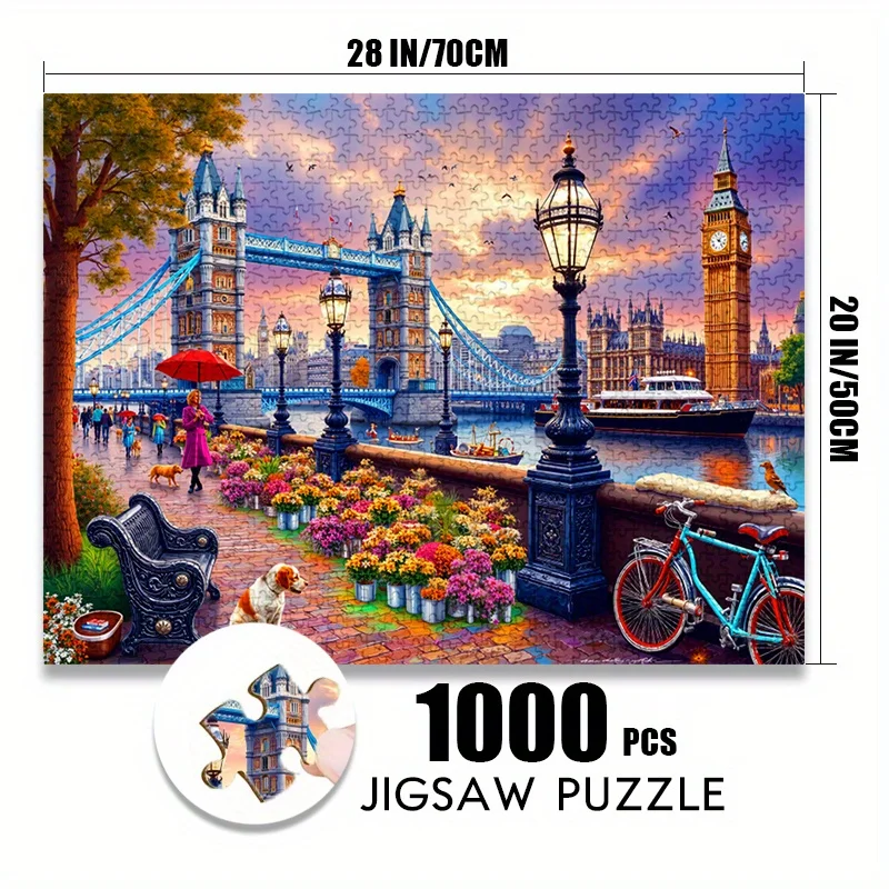 500/1000pcs London Cityscape Jigsaw Puzzle - Tower Bridge & Big Ben Sunset, Anti-Scratch Premium Paper, Expert-Level Challenge