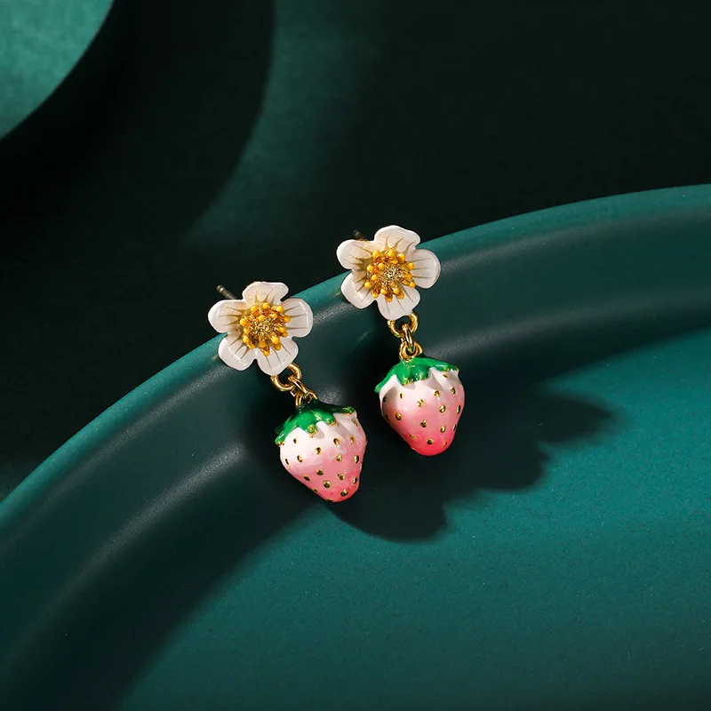 ArLea Strawberry Flower Drop Earring Strawberry Earring For Women Handmade Enamel Flower Earring Original Fashion Drop Earring