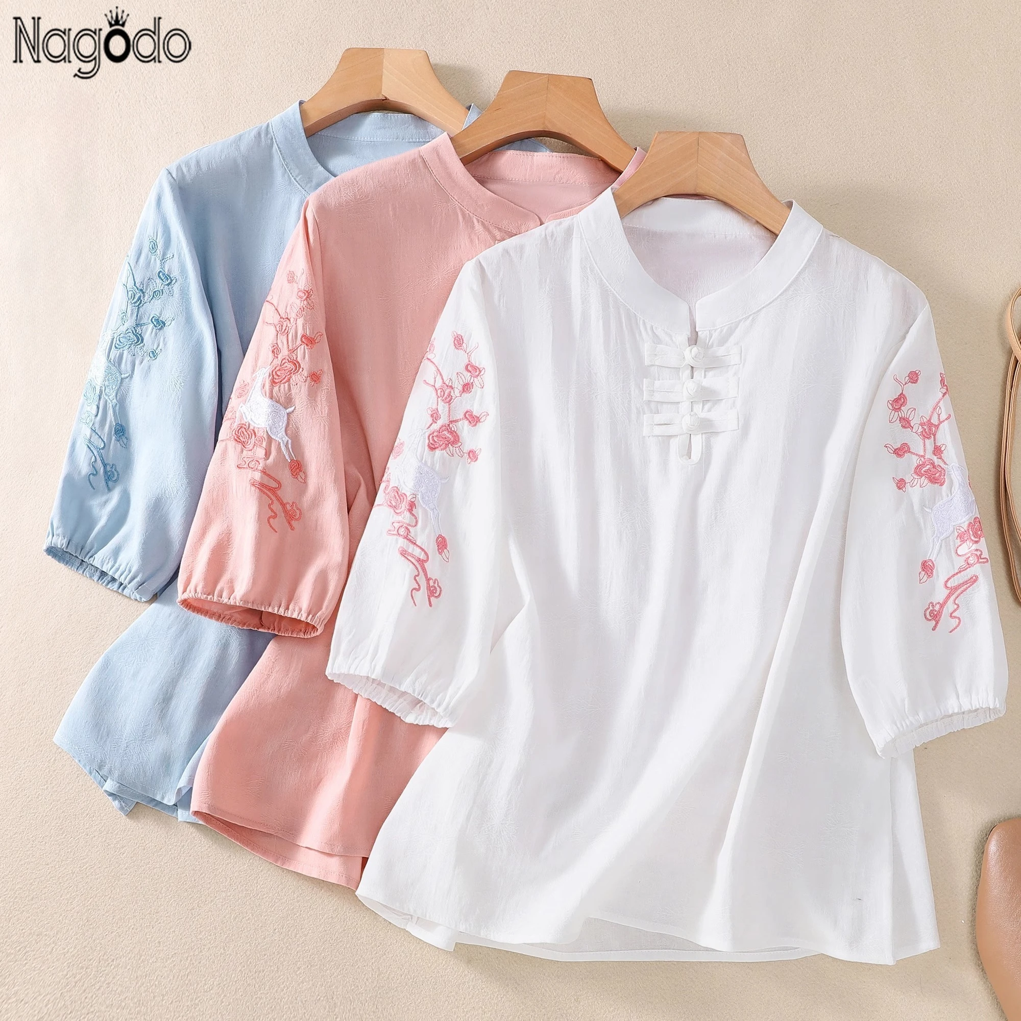 

Summer Cotton Linen Chinese Style Women's Top Embroidery Round Blouse Neck Solid Color Half Sleeve Loose Breathable T-shirt