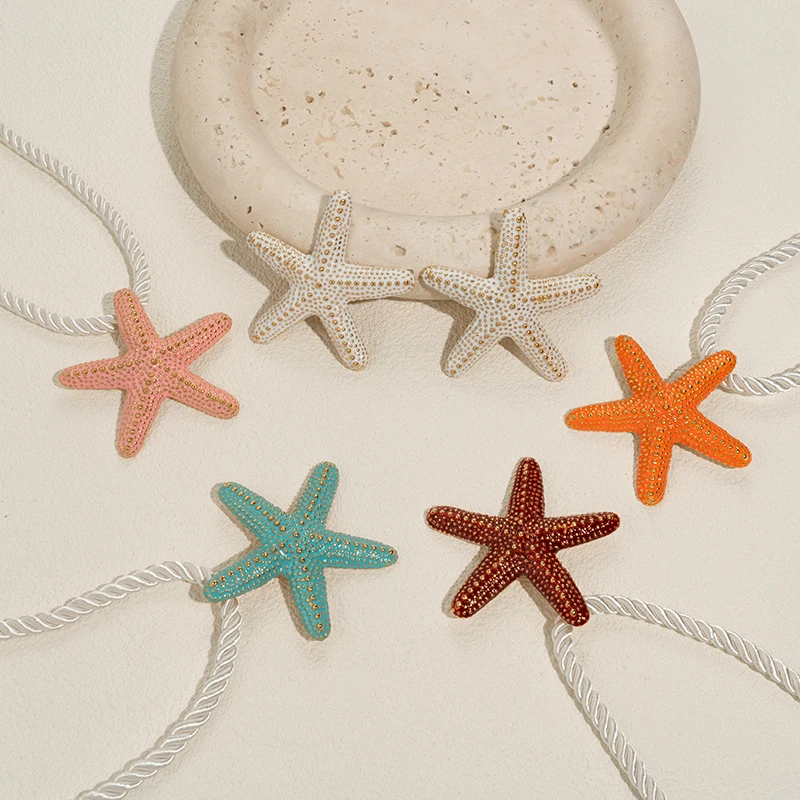 قلادات على شكل نجم البحر من حبل أبيض للنساء من الفولاذ المقاوم للصدأ، مجوهرات صيفية لقضاء العطلات على الشاطئ مقاومة للماء #4