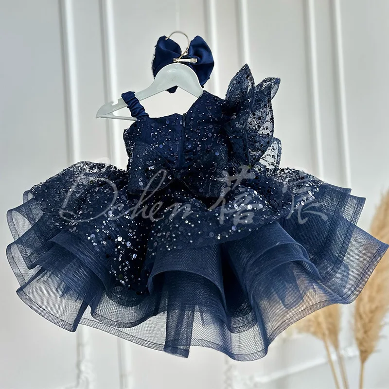 2025 New Blue Girls' Sequined Puffy Skirt, European and American Puffy Gauze Children's Dress, Amazon Hair Collection