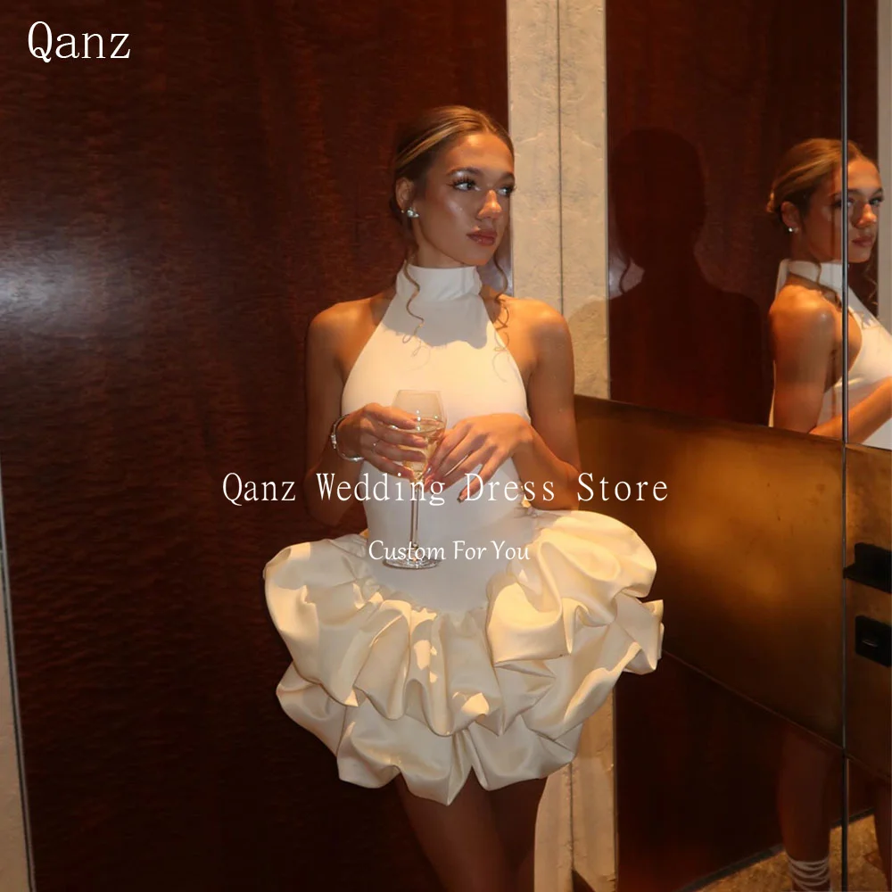 Qanz Sexy Halter Neck Wedding Dress Datin Ruffles Mini A Line Bridal Gowns Backless Short Vestido De Novia Boda Customized