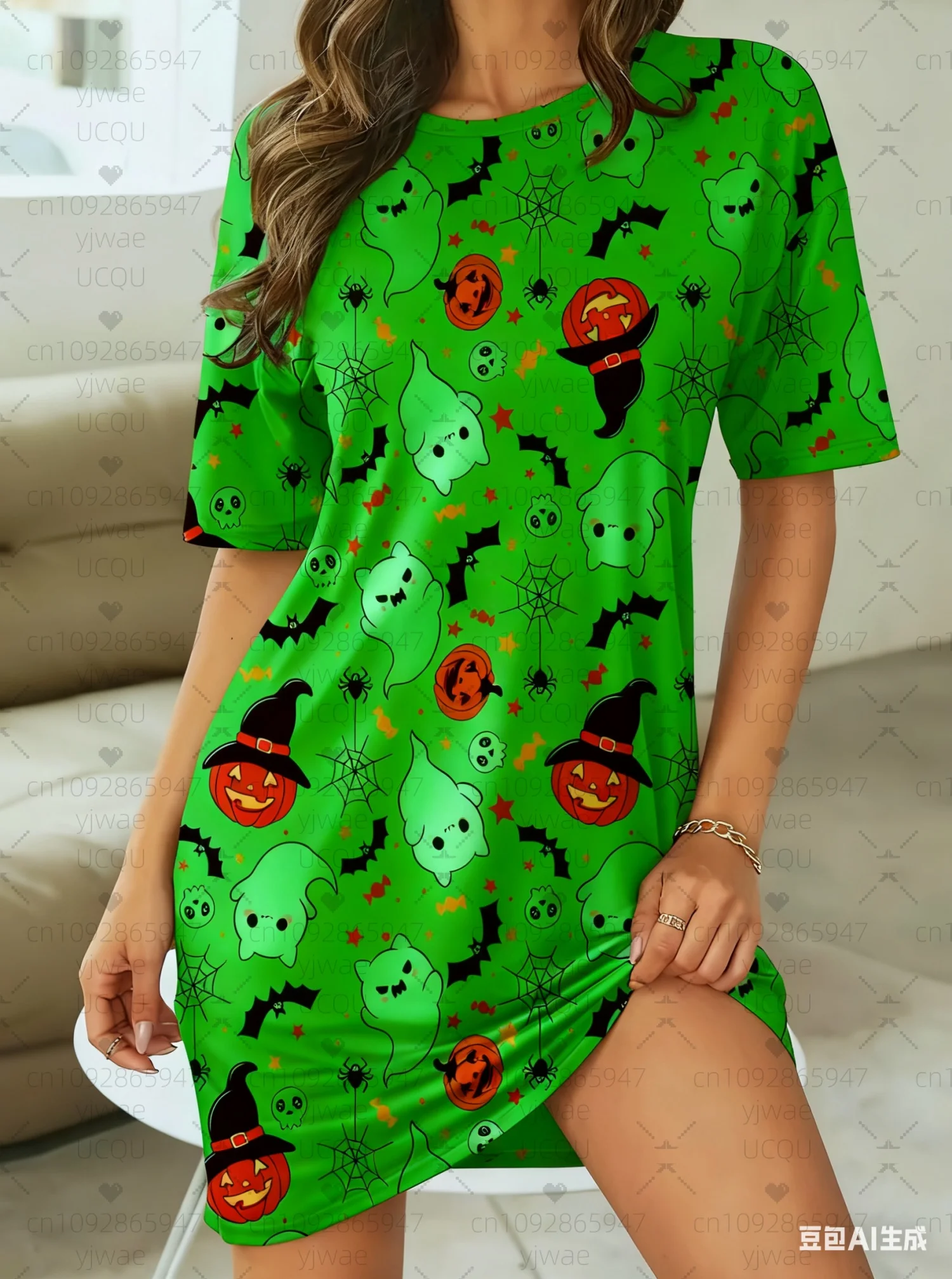 2025, Sommer-Damen-T-Shirt-Kleid, Halloween, gruselige Hexenfledermäuse, bedruckt, O-Ausschnitt, Damen-Kurzarm-Pullover, Kleider, Damenbekleidung