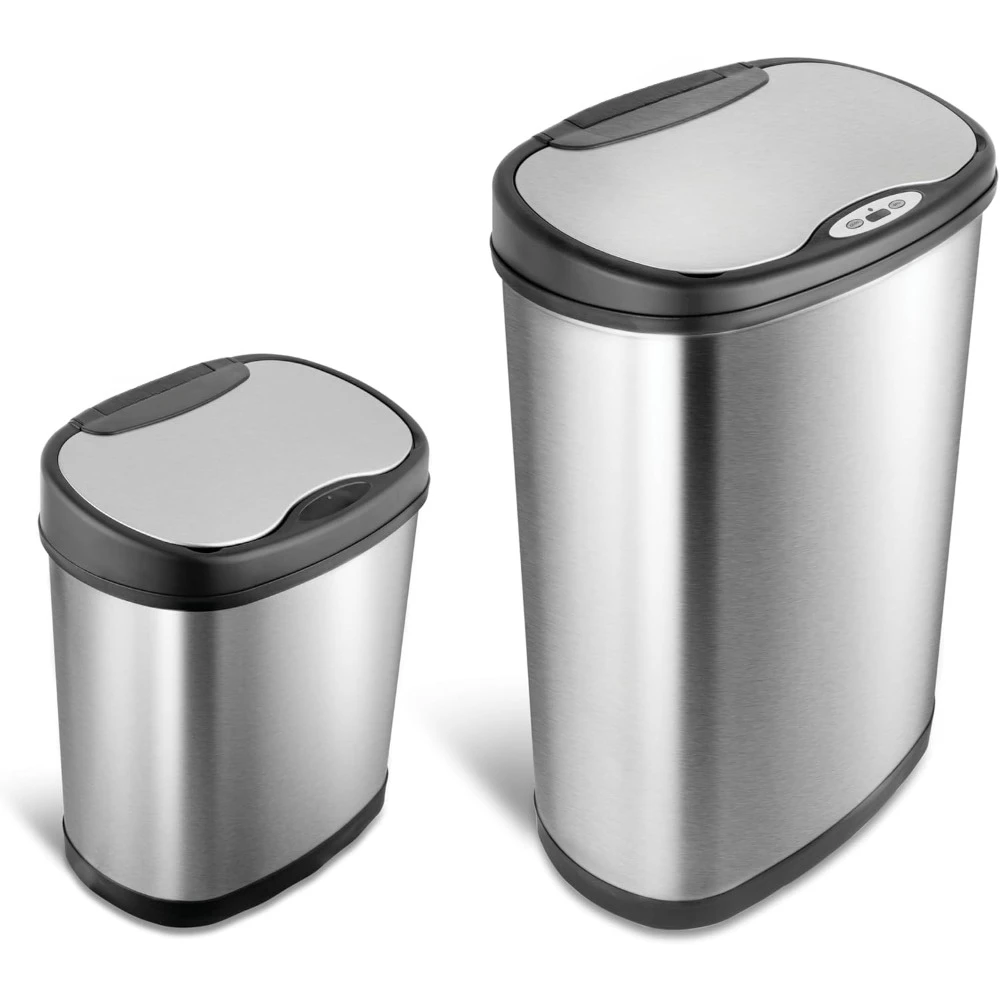 Automatic Touchless Infrared Motion Sensor Trash Can Combo Set, 13 Gal 50L  12L, Stainless Steel Base (Oval, Silver/Black Lid)