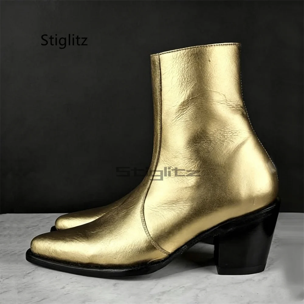 

Men's 6Cm High Heels Chelsea Boots Gold Genuine Leather Pointy Toe Side Zipper Short Boots Autumn Winter New Trendy Male Shoes