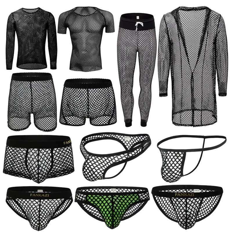 Sexy Mens Underwear Transparent Fishnet Mesh Shirts Hollow Out Briefs Thongs Shorts Undershirts Sleepwear Bathrobes Skinny Pants