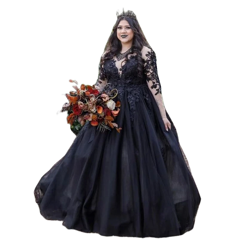 Gothic Schwarz Brautkleid Lange Ärmel A-linie Garten Brautkleider Floral Spitze Mit Tüll Plus Größe Vestido De Novia