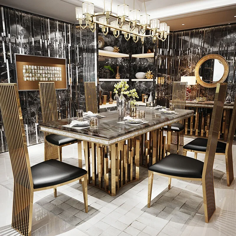 Luxury Marble Dining Table Set with Gold Stainless Steel Frame, Dining Room Table with Sea Shell and High-Back Chairs
