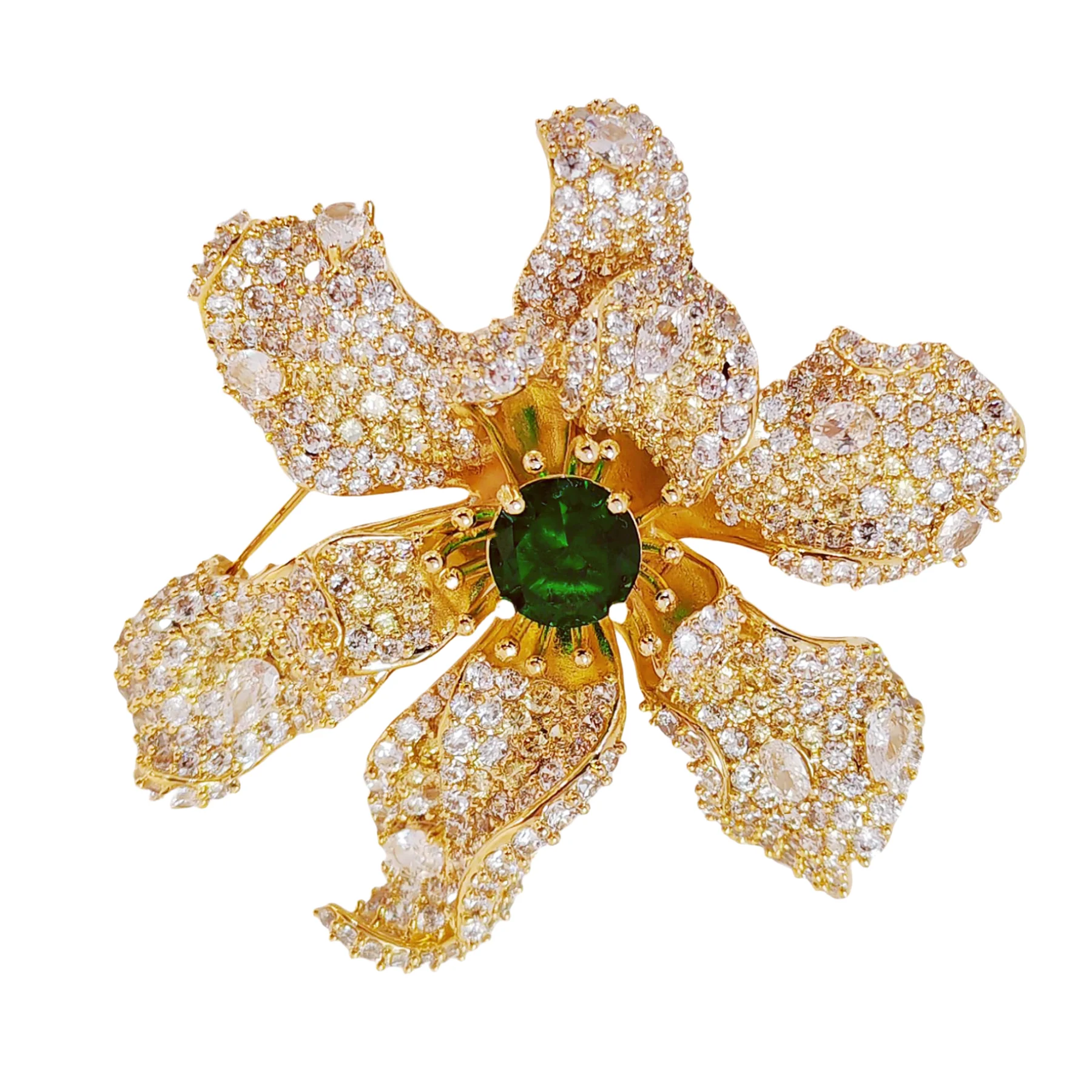 Luxurious Vintage Bloom Green Stone Centered Yellow Lily Brooch Pin Orchid Flower Women Shawl Business Suit Formal Dress Jewelry