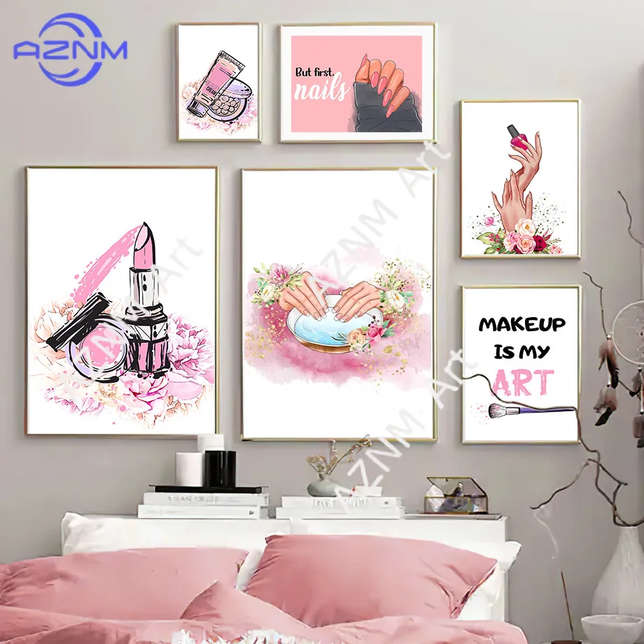 Nail Salon Nordic Posters And Prints Nail Polish Wall Art Mural Makeup Tools Lipstick Manicure Canvas Painting Beauty Room Decor