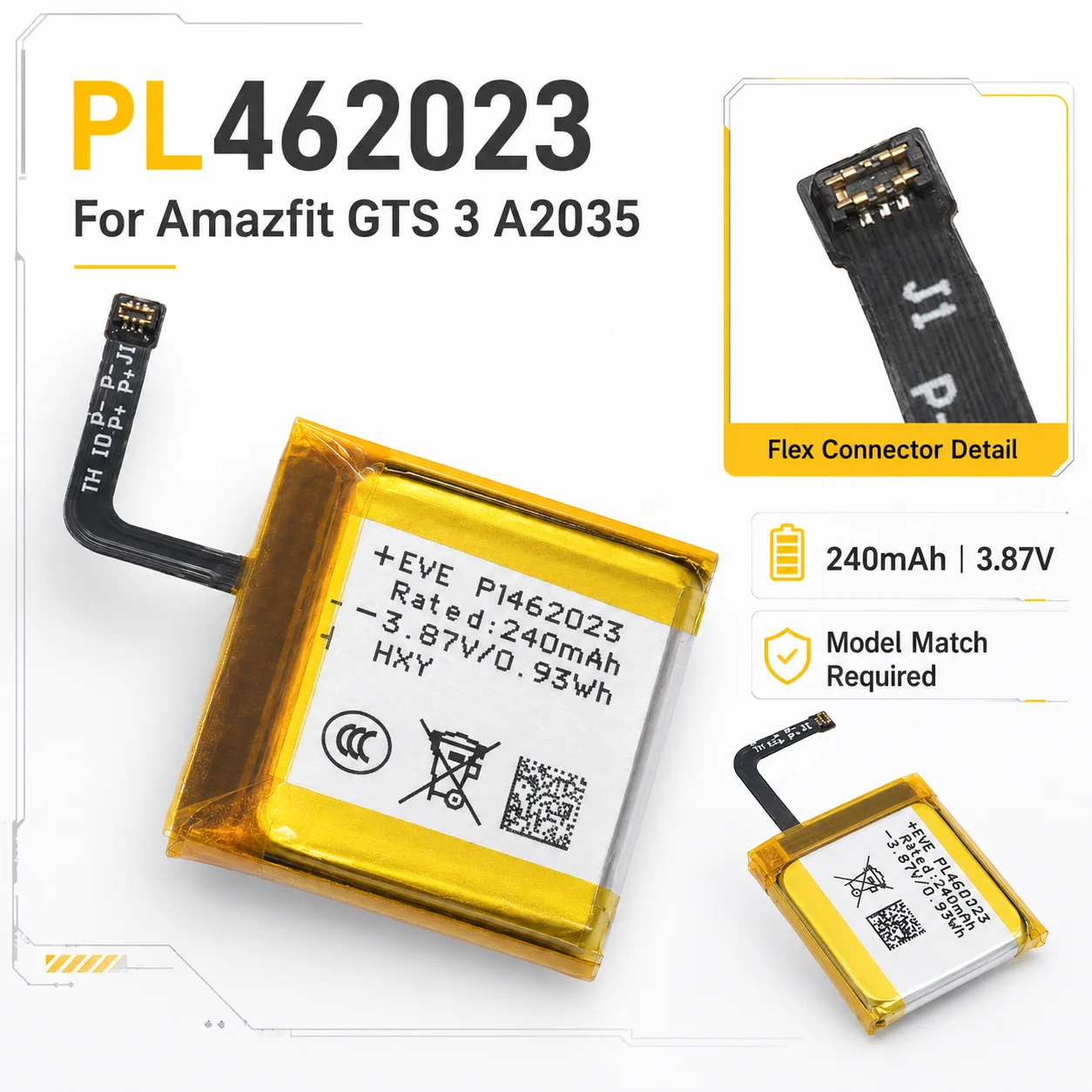 240mAh PL462023 Li-Ion Rechargeable Battery for Amazfit GTS 3 A2035 Smart Sports Watch Long Lasting + Free Tools