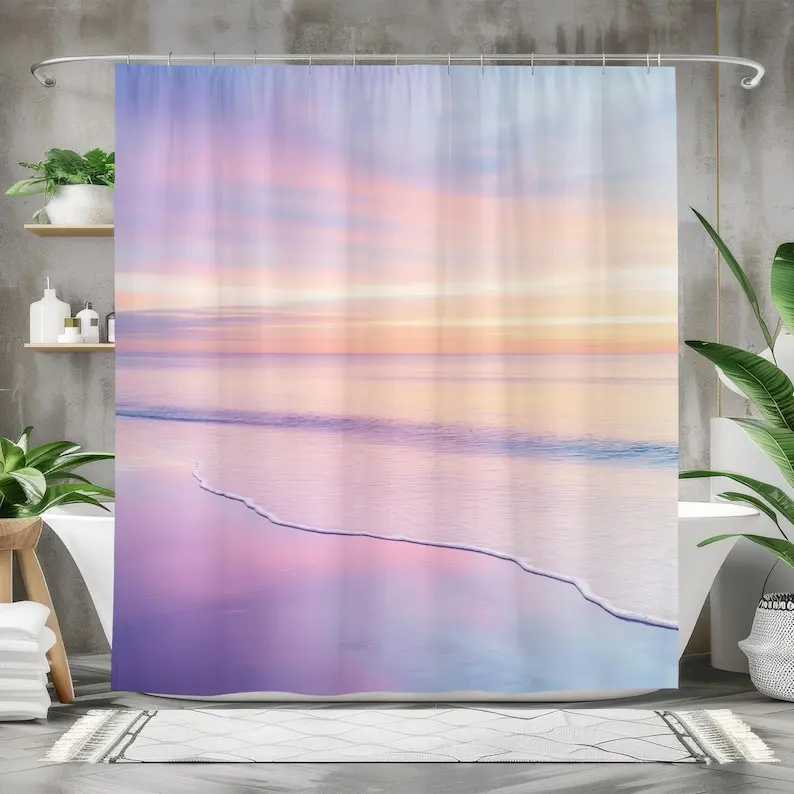 Pastel Beach Sunset Shower Curtain Ocean Gradient Bathroom Decor Serene Coastal Horizon Art Soothing Watercolor Sea Gift
