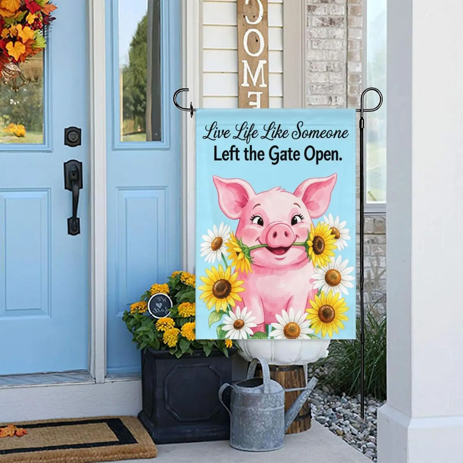 Cute Piggy Live Life Like Someone Left the Gate Open Garden Flag 12x18 Inch Double Sided Whimsical Floral Welcome Yard Decor AAM